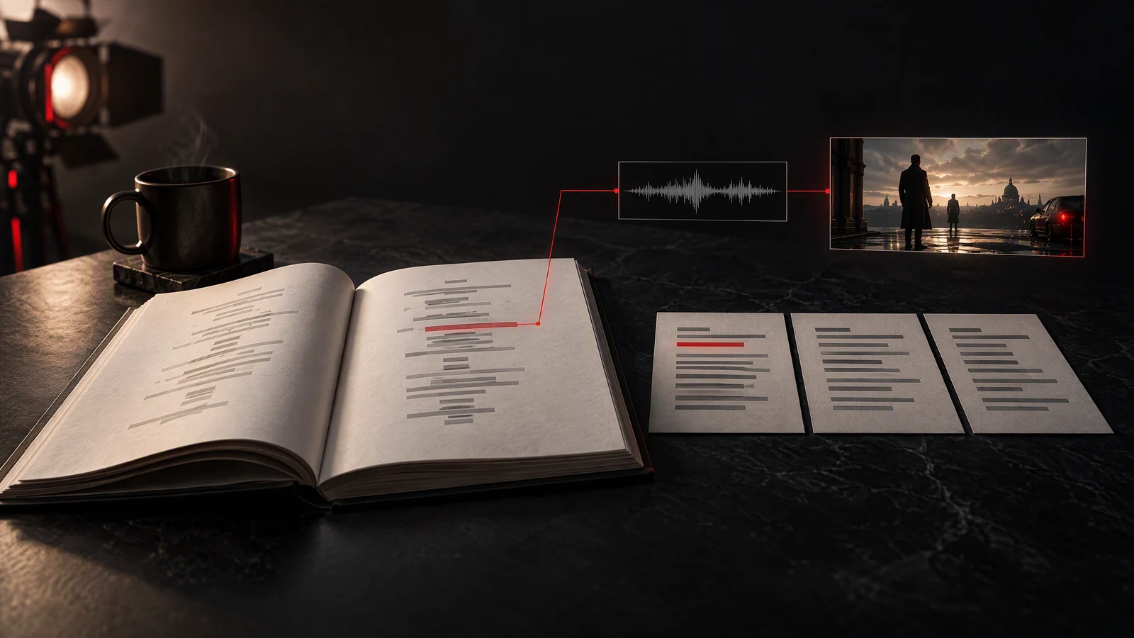 Illustration of a script passage connected to its audio waveform and cinematic scene.
