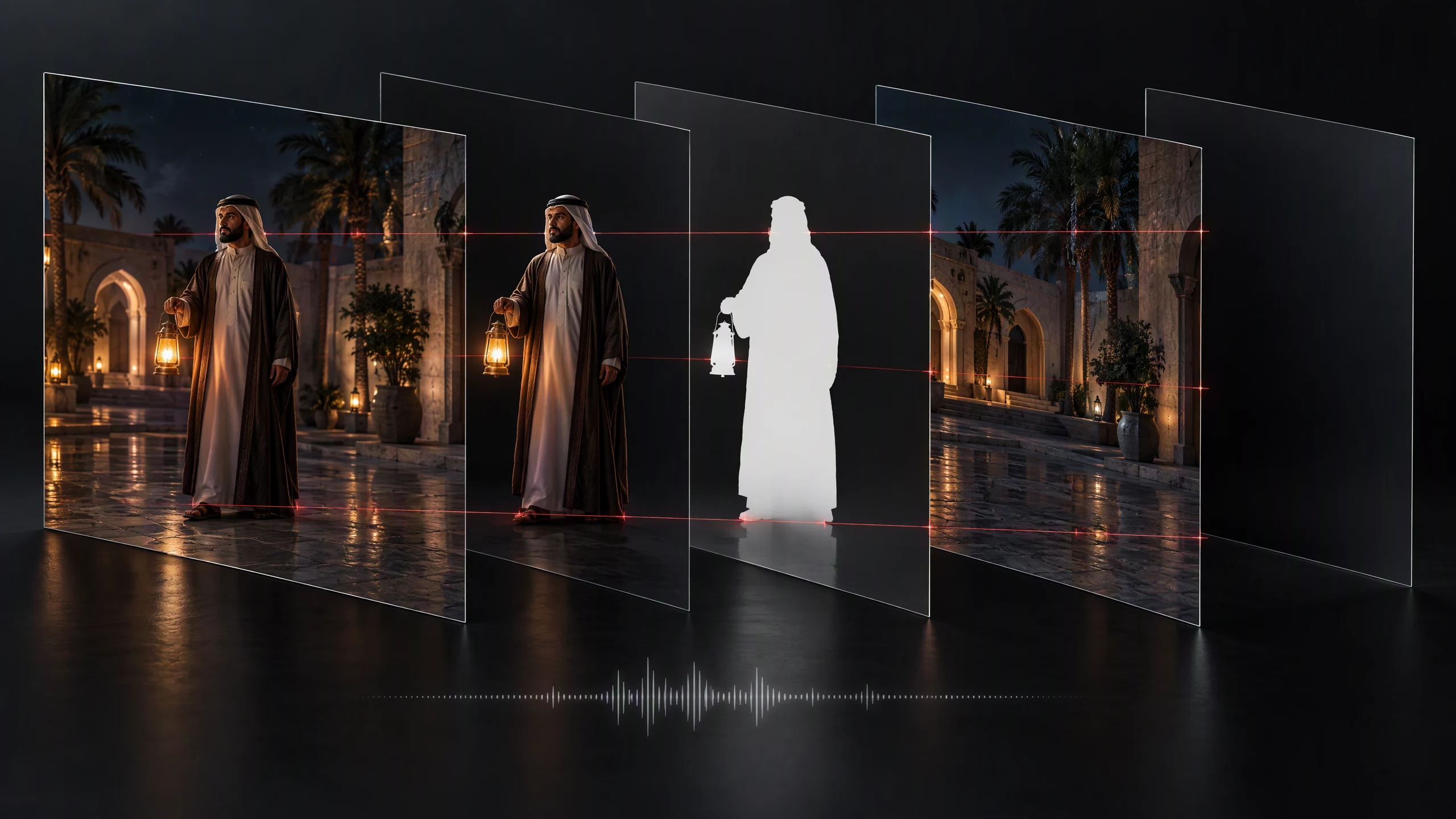 Illustration separating a finished scene into character, mask, environment and other linked layers, with audio below.