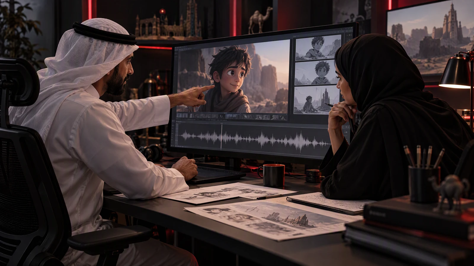 Illustration of creative specialists reviewing a character performance, storyboard and aligned voice recording.